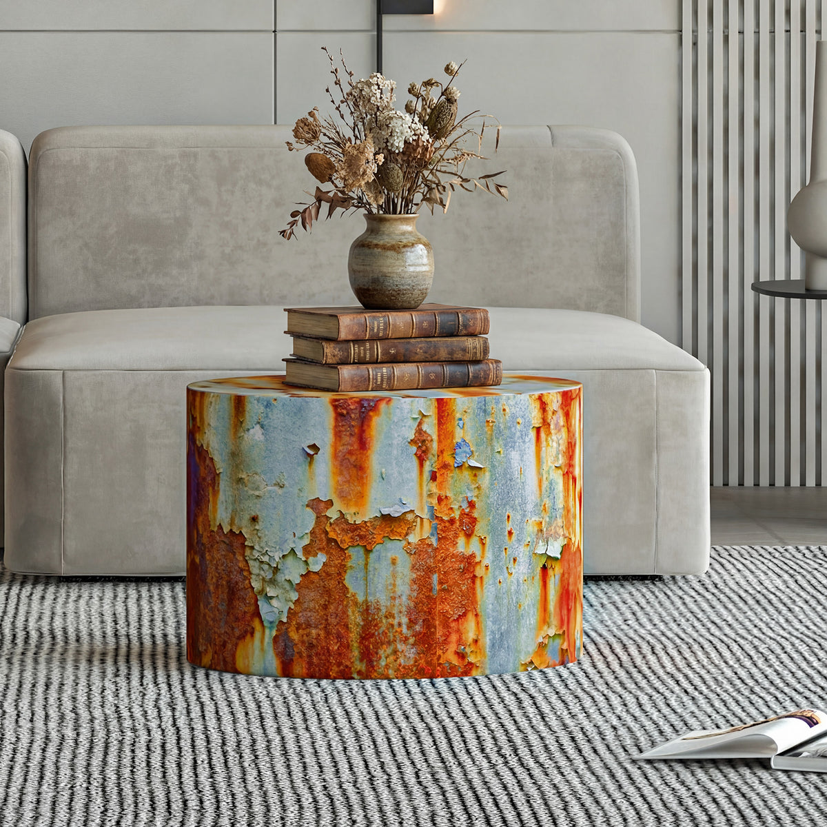 Industrial Style Rust Print Round Ottoman – Faux Rust Textured