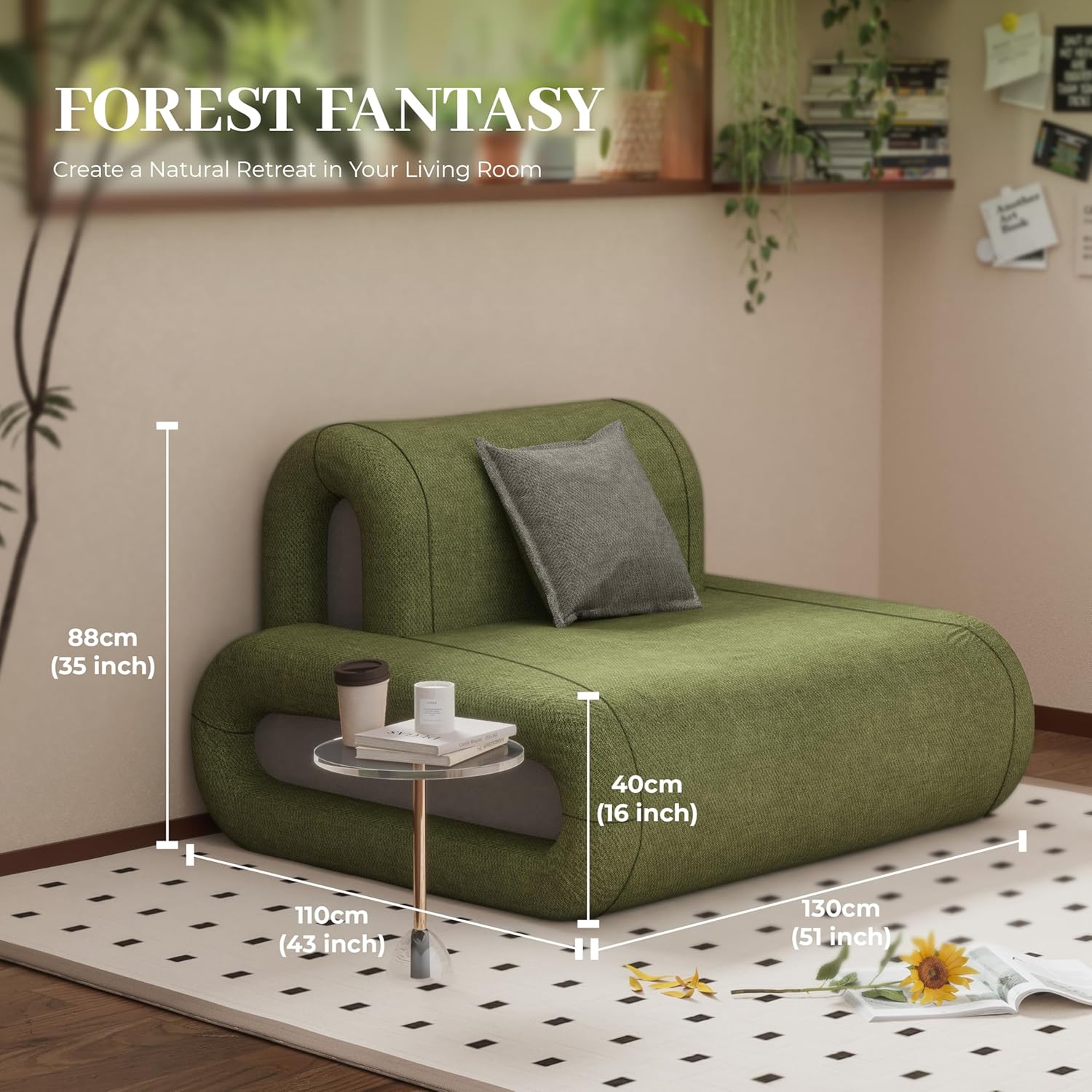 Comfy Forest Green Covertible Floor Sofa, 51 Inch