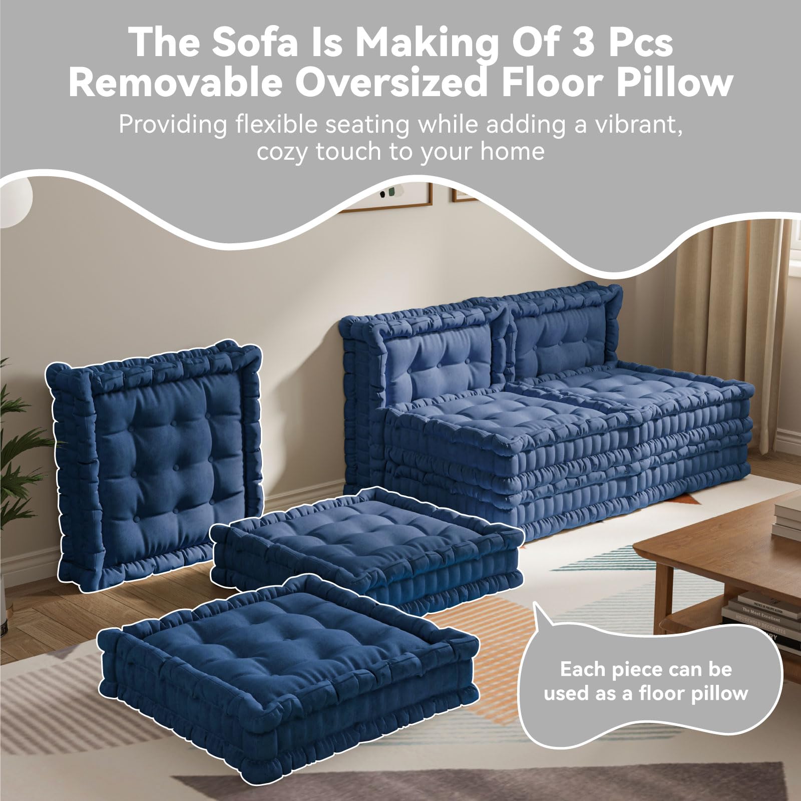 Convertible Lazy Sofa,Velvet-Deep Blue