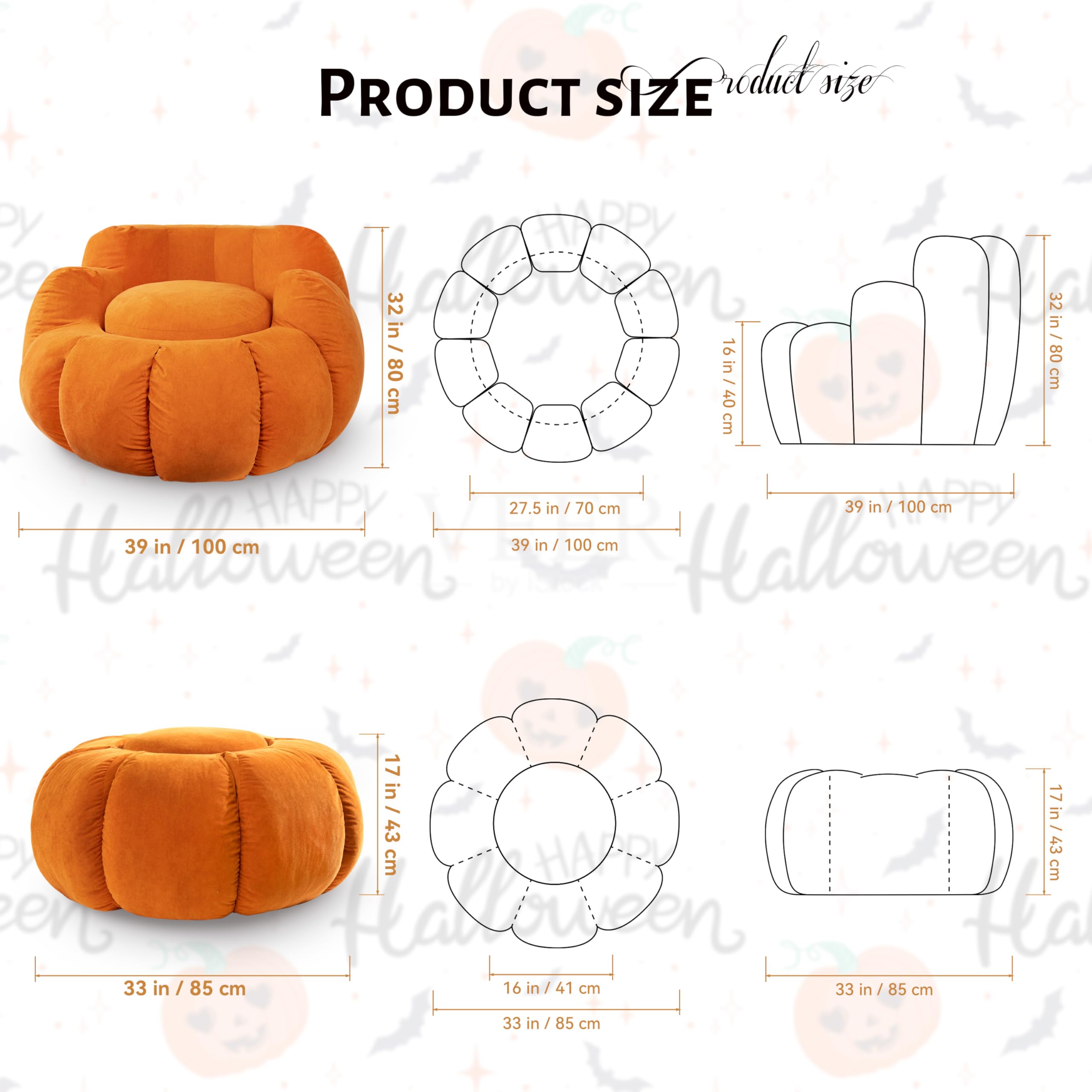 Plush Velvet Pumpkin Bean Bag Chair