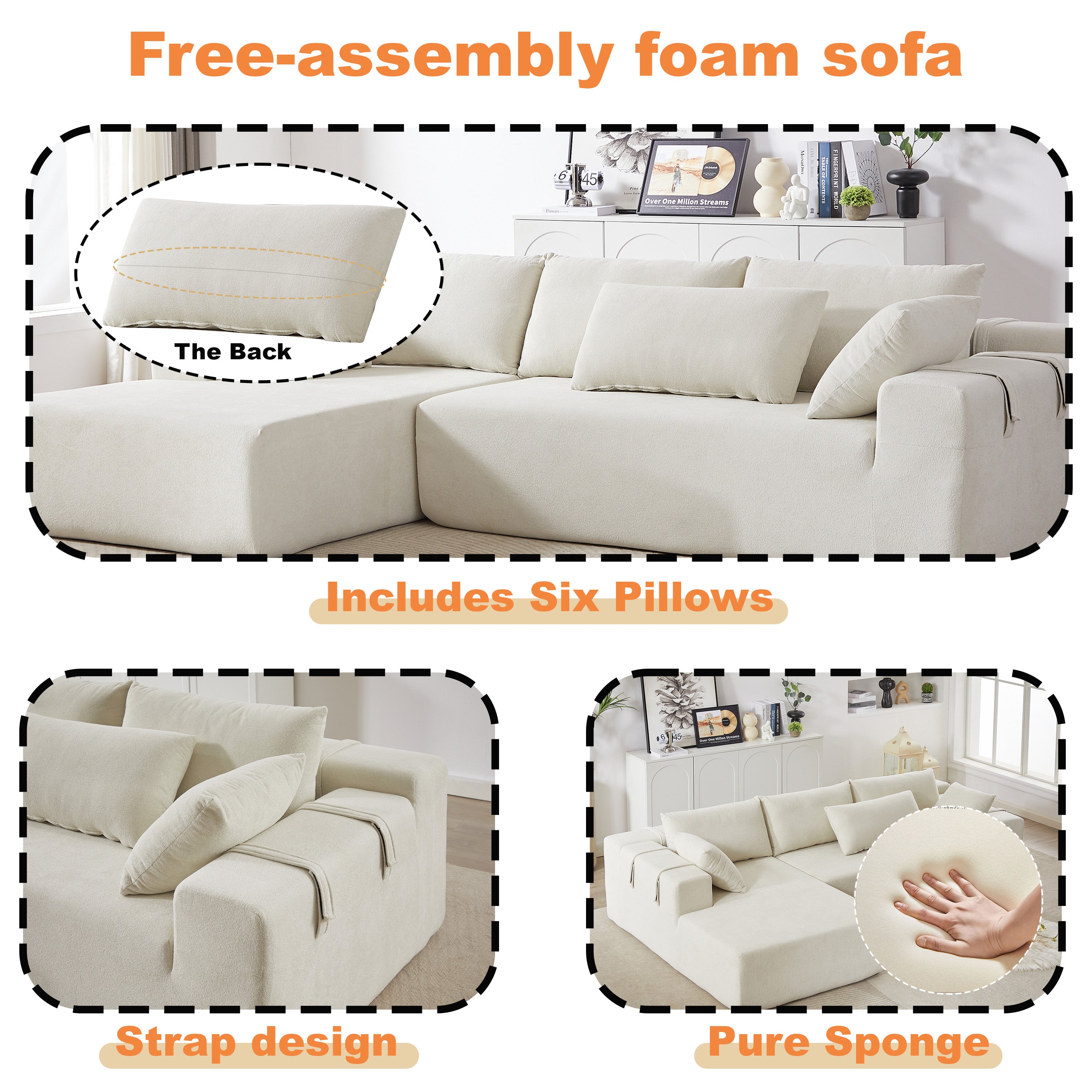 Modular L-Shaped Sectional Sofa Set, 108" with 6 Pillows