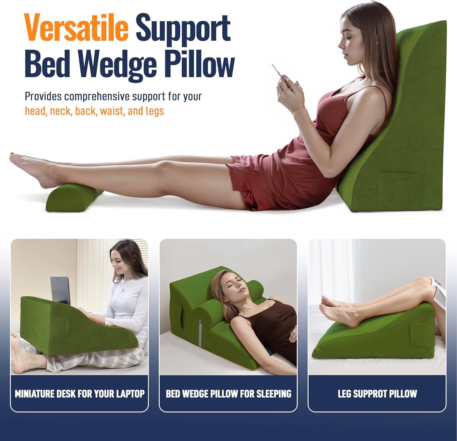 Daneey Reading Pillows for Sitting in Bed with Adjustable Roller Green, Velvet