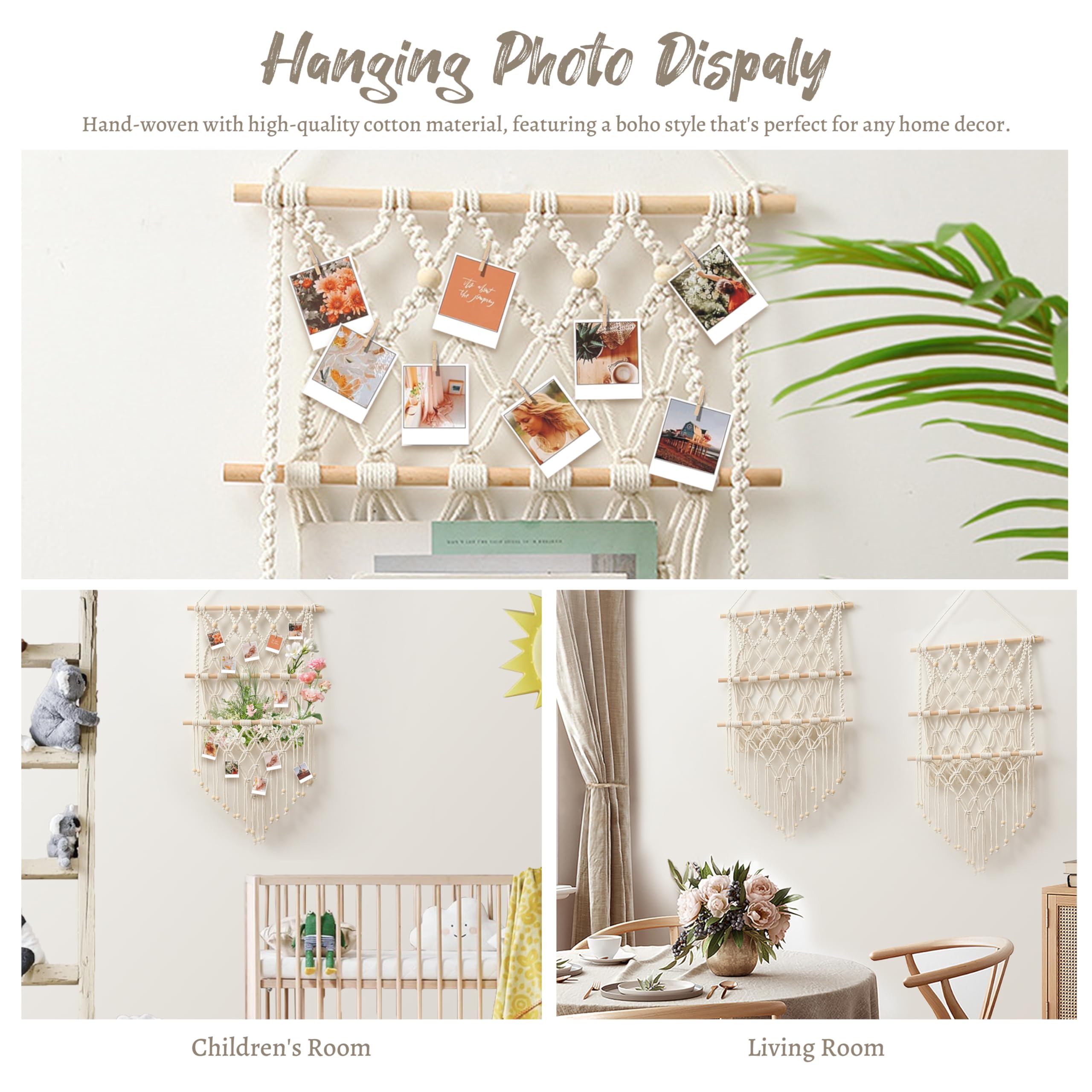 Boho Macrame Hanging Photo Display with 50 Clips