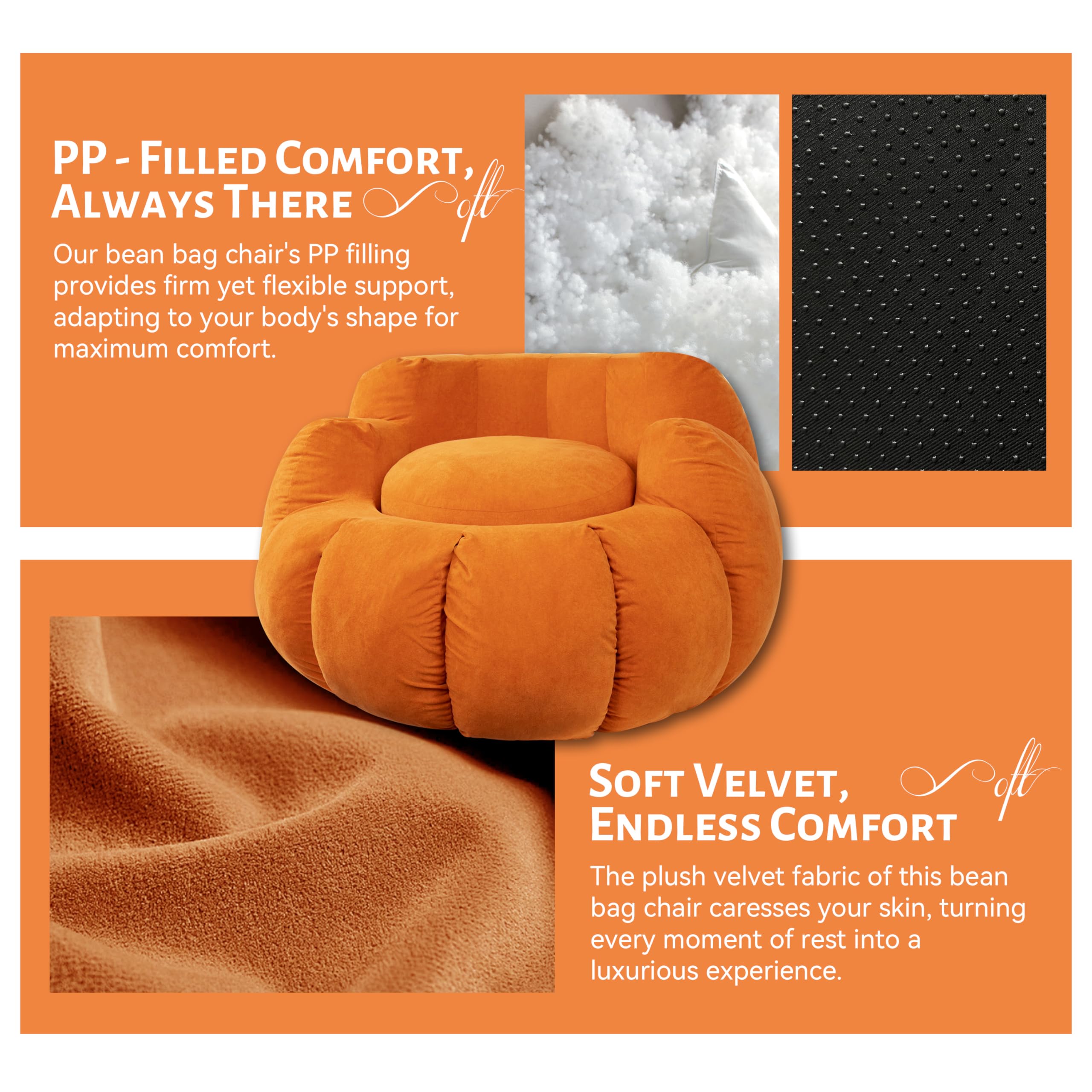 Plush Velvet Pumpkin Bean Bag Chair