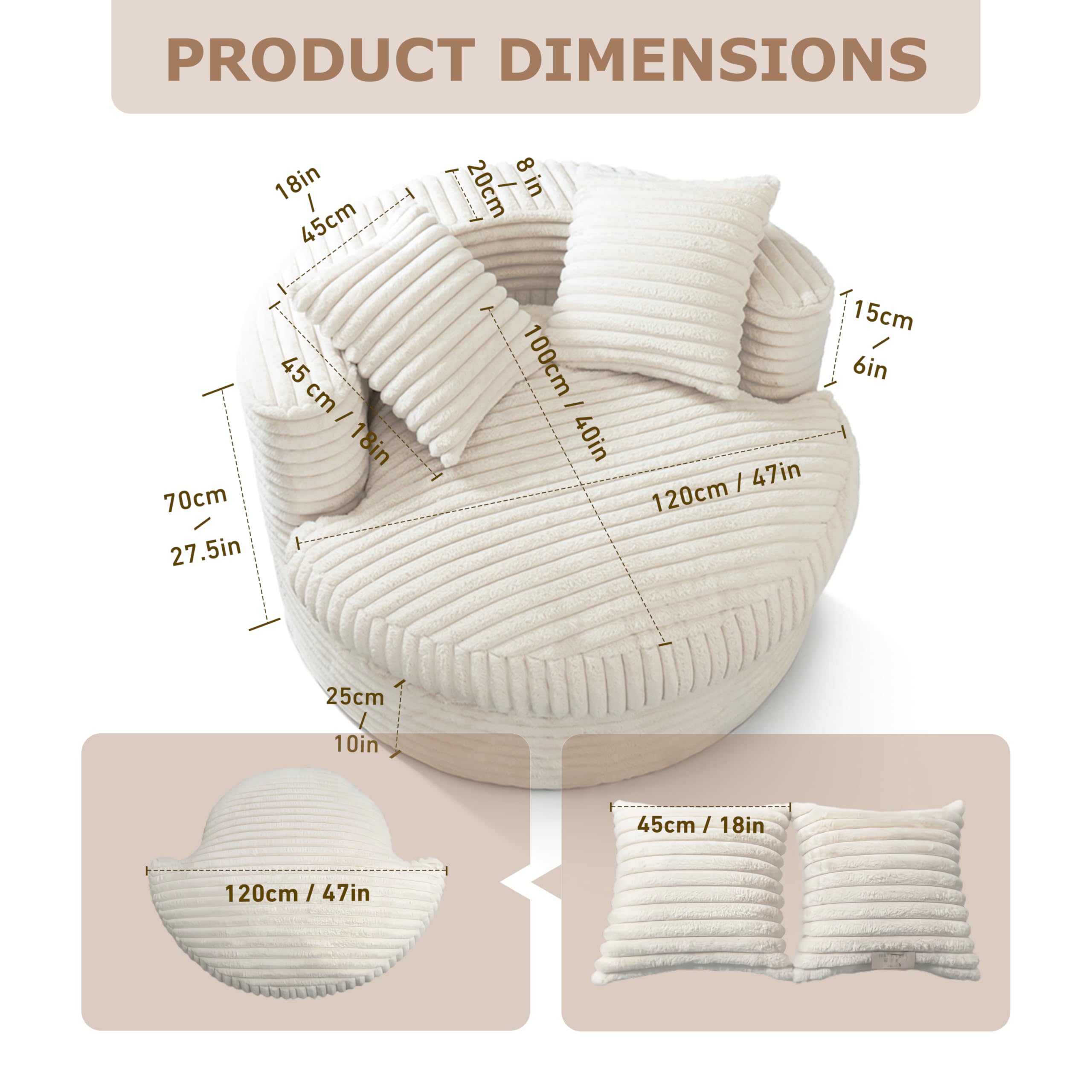 Compact Rounded Sofa Round Corduroy Sofa Chair with 2 Pillows | Modern Round Reading Sofa ...