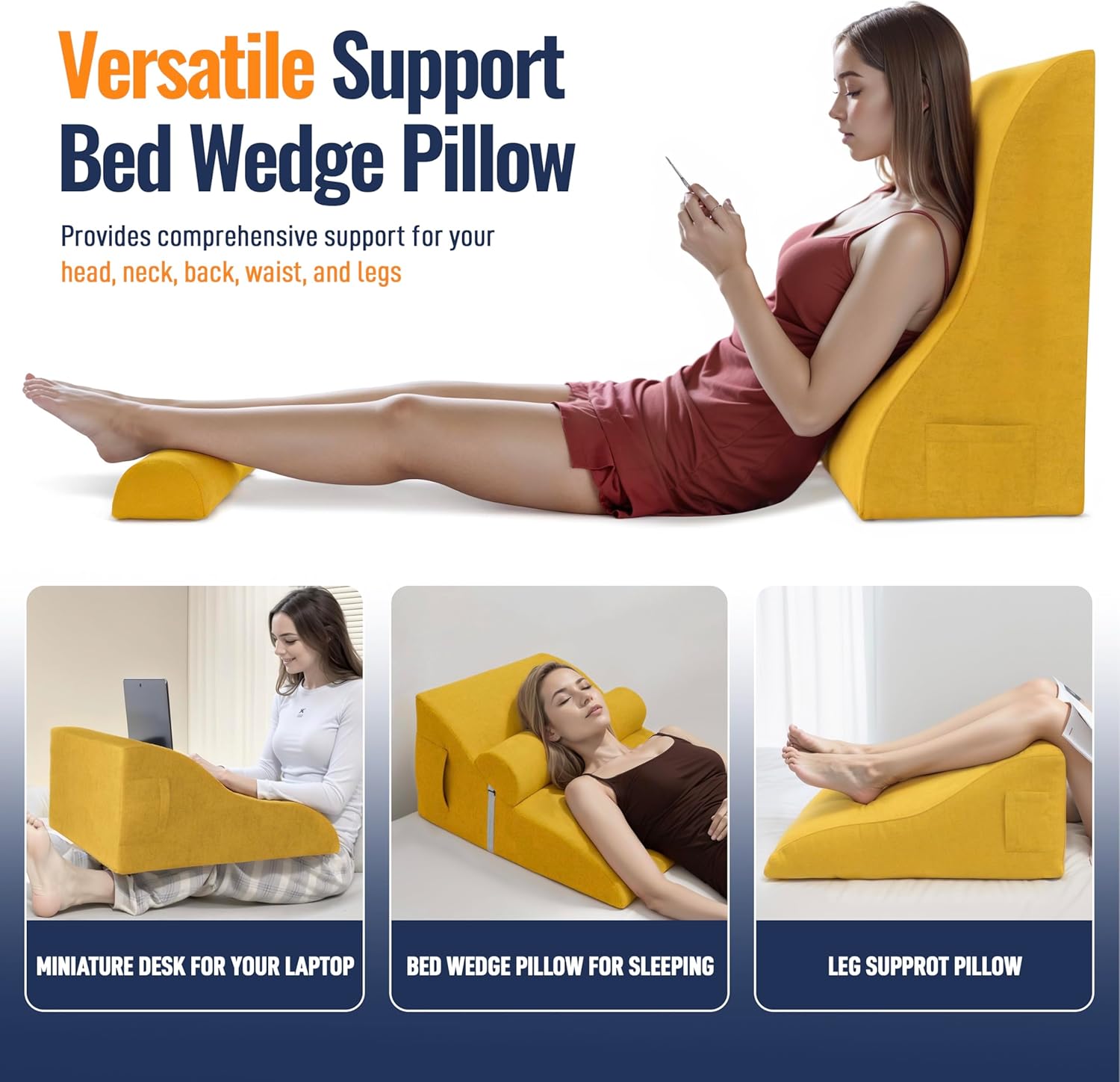 Daneey Reading Pillows for Sitting in Bed with Adjustable Roller Yellow, Velvet