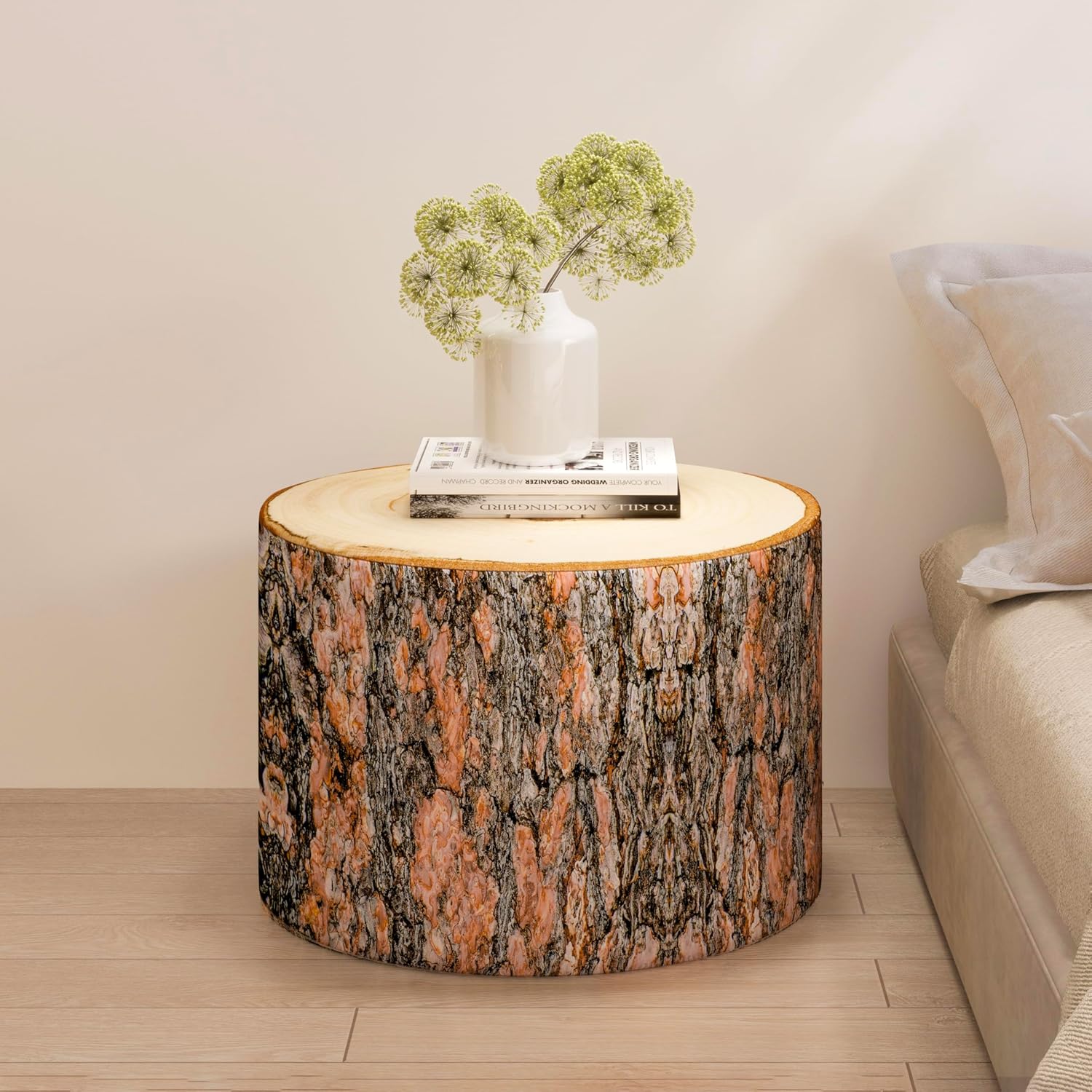 Daneey Large Round Pouf Ottoman – Fun Wood Log Design Footrest