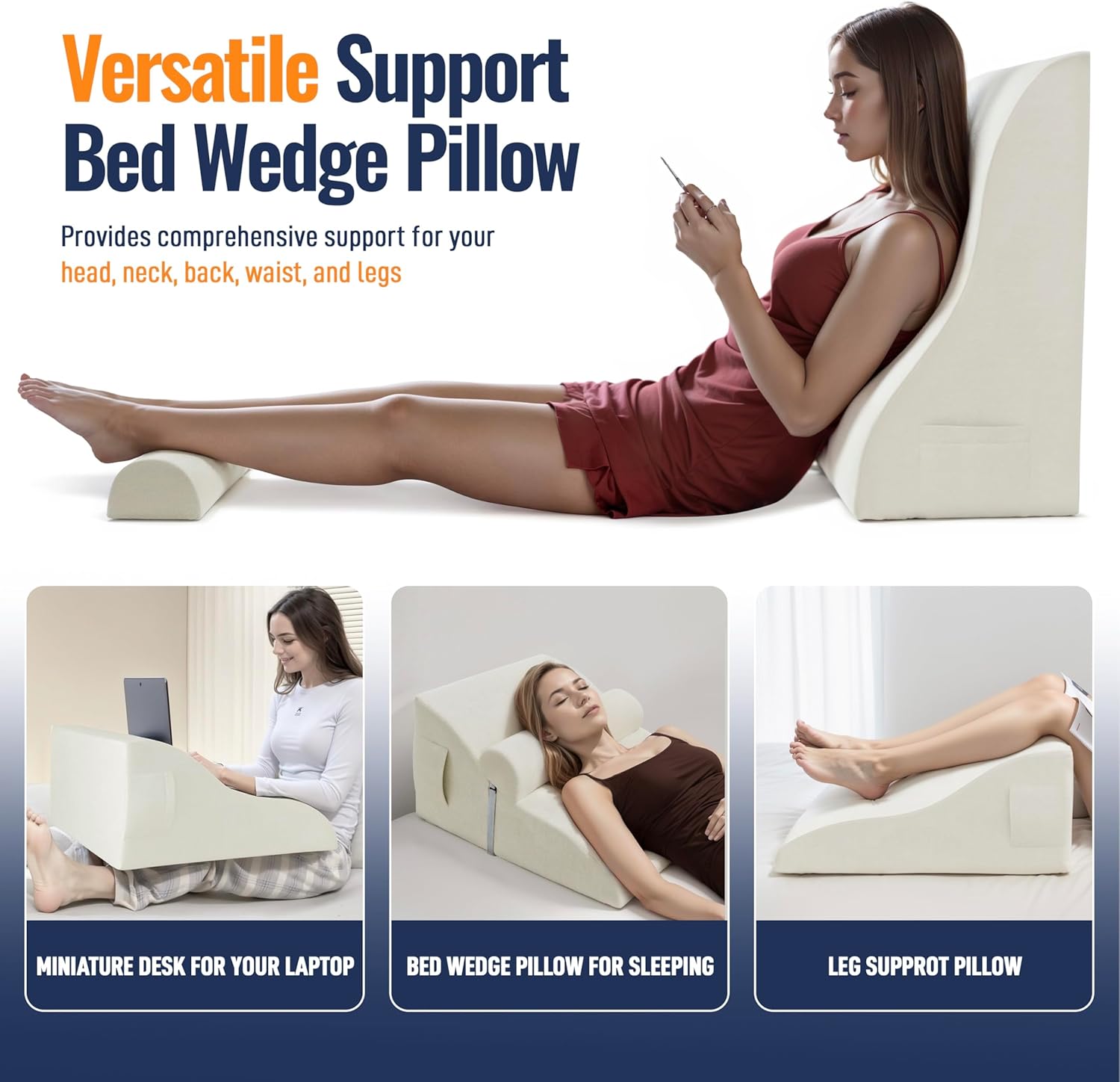 Daneey Reading Pillows for Sitting in Bed with Adjustable Roller White, Velvet