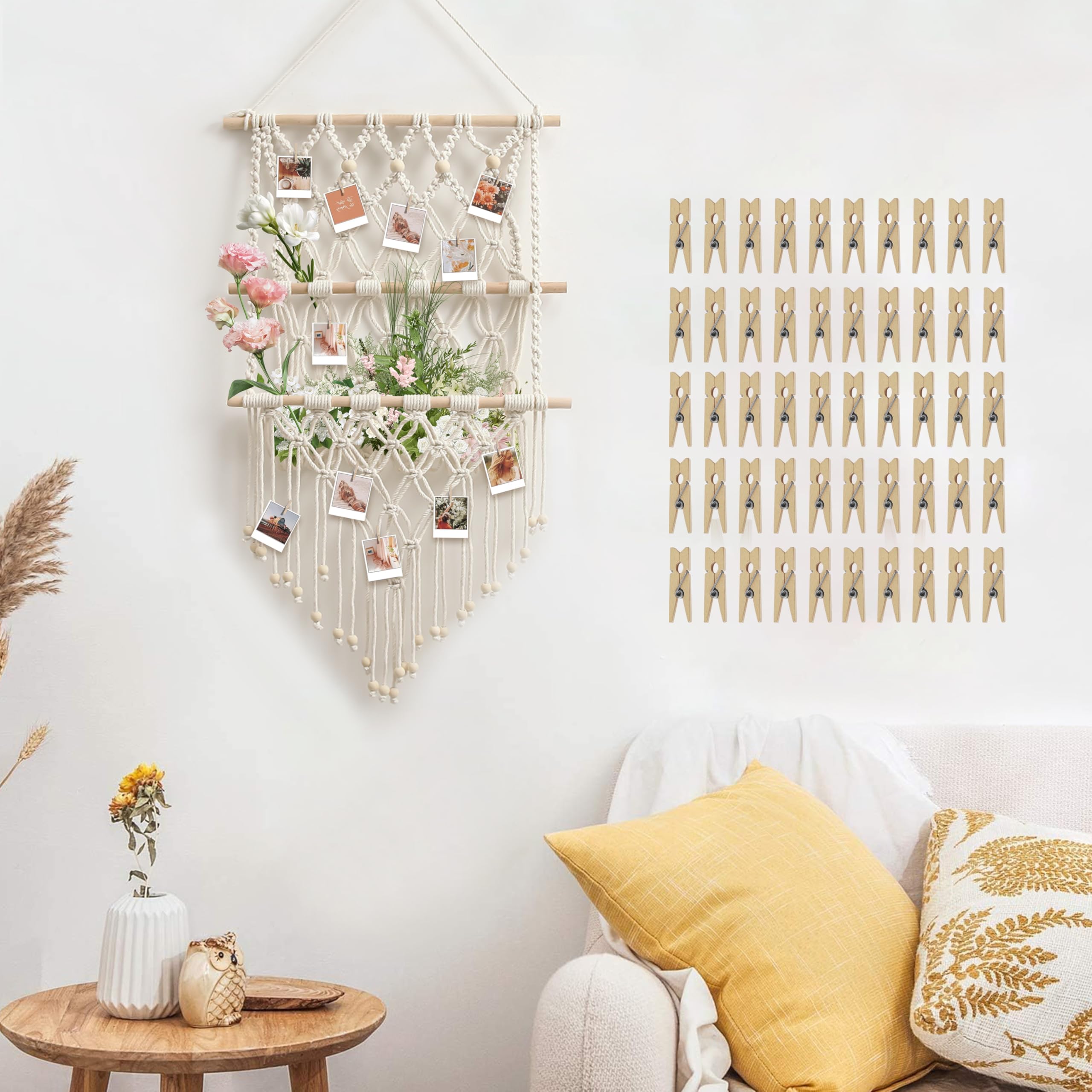 Boho Macrame Hanging Photo Display with 50 Clips