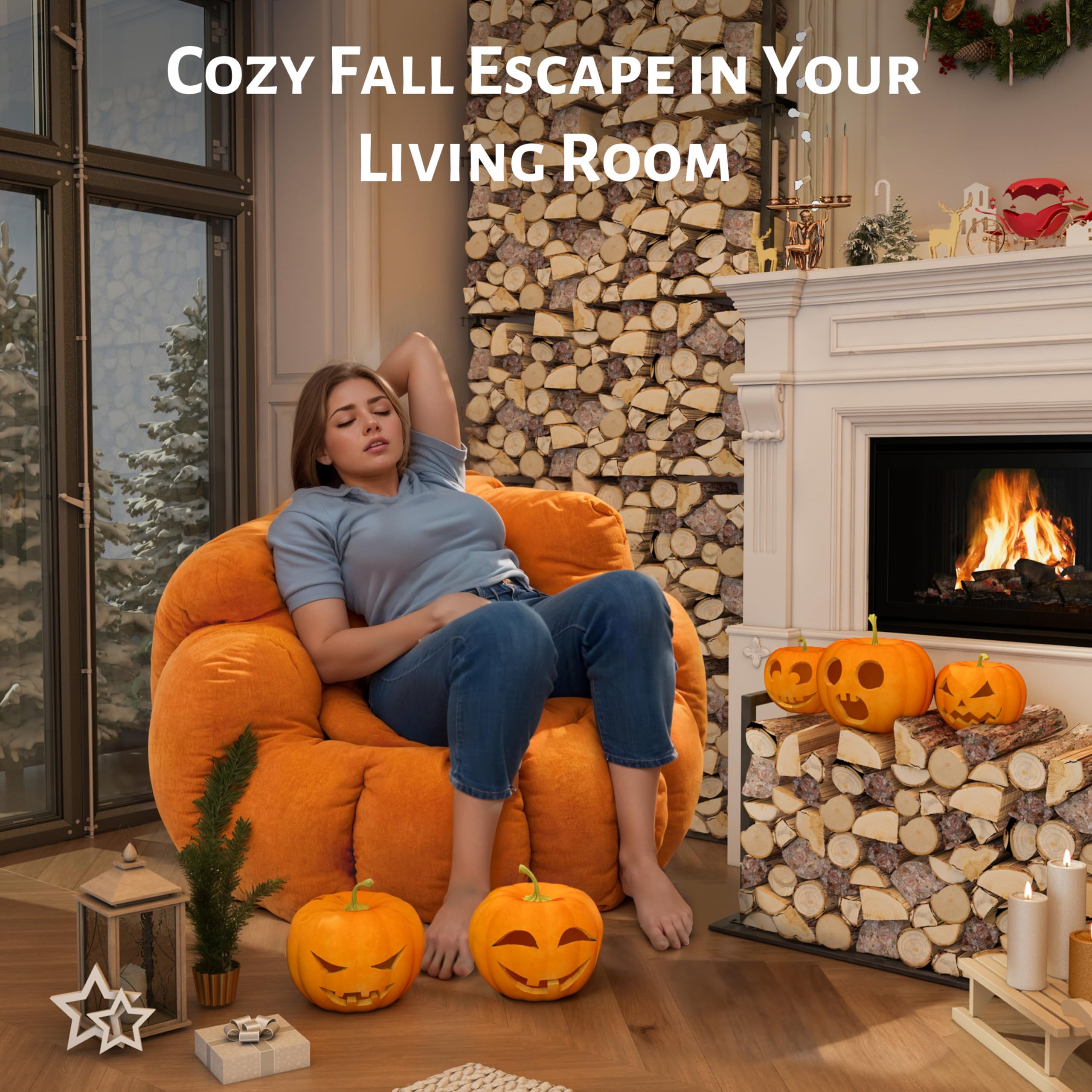 Plush Velvet Pumpkin Bean Bag Chair