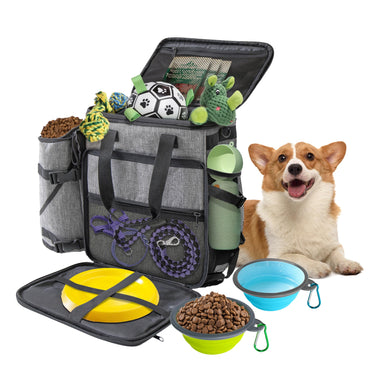 Collapsible Pet Travel Backpack with Food Storage, Bowls—— Gray