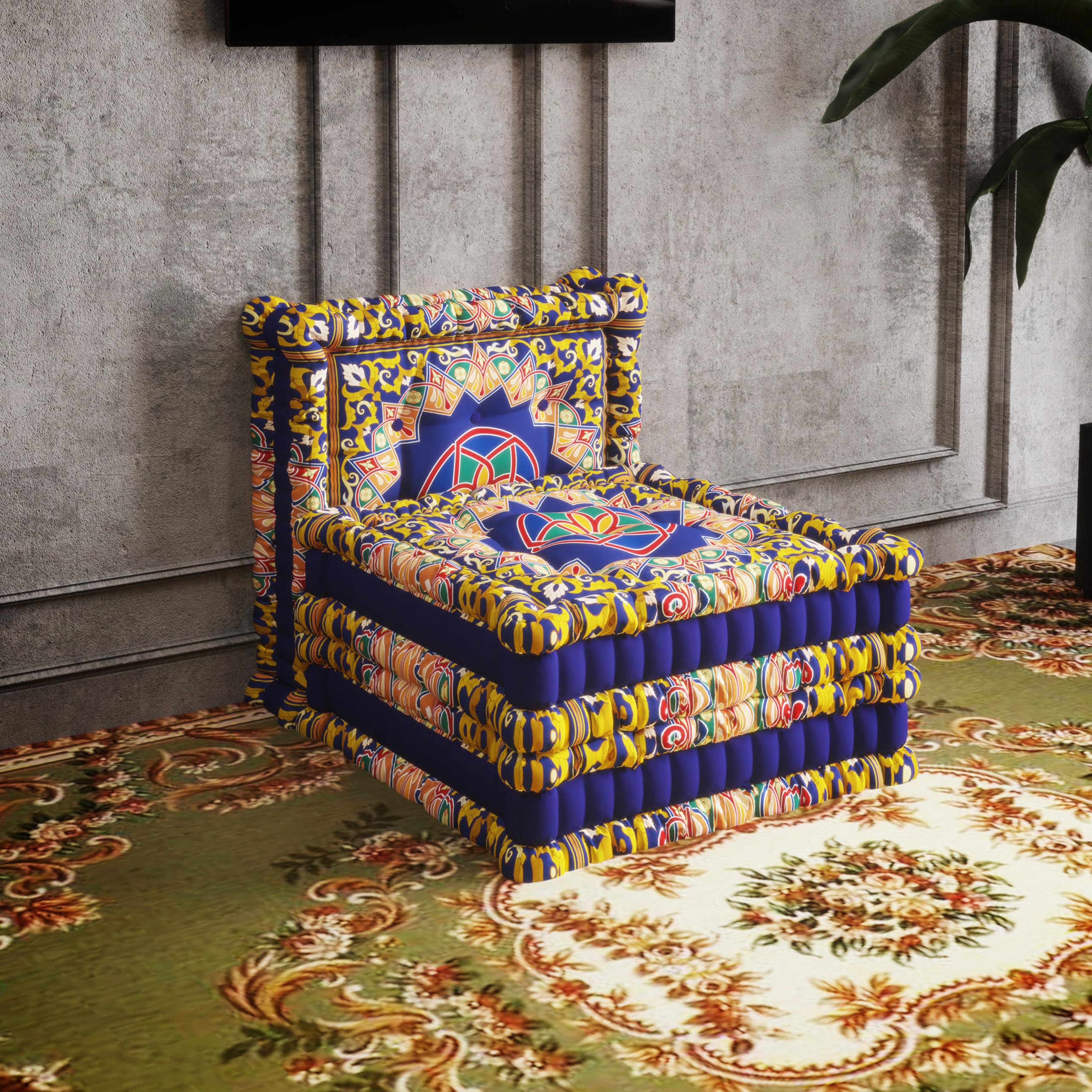 Gelbes gemustertes 3-in-1-Schlafsofa aus Samt