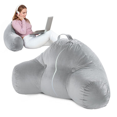 Gray Velvet Reading Pillow with Arms - Lumbar Support Bolster for Lounging, Gaming