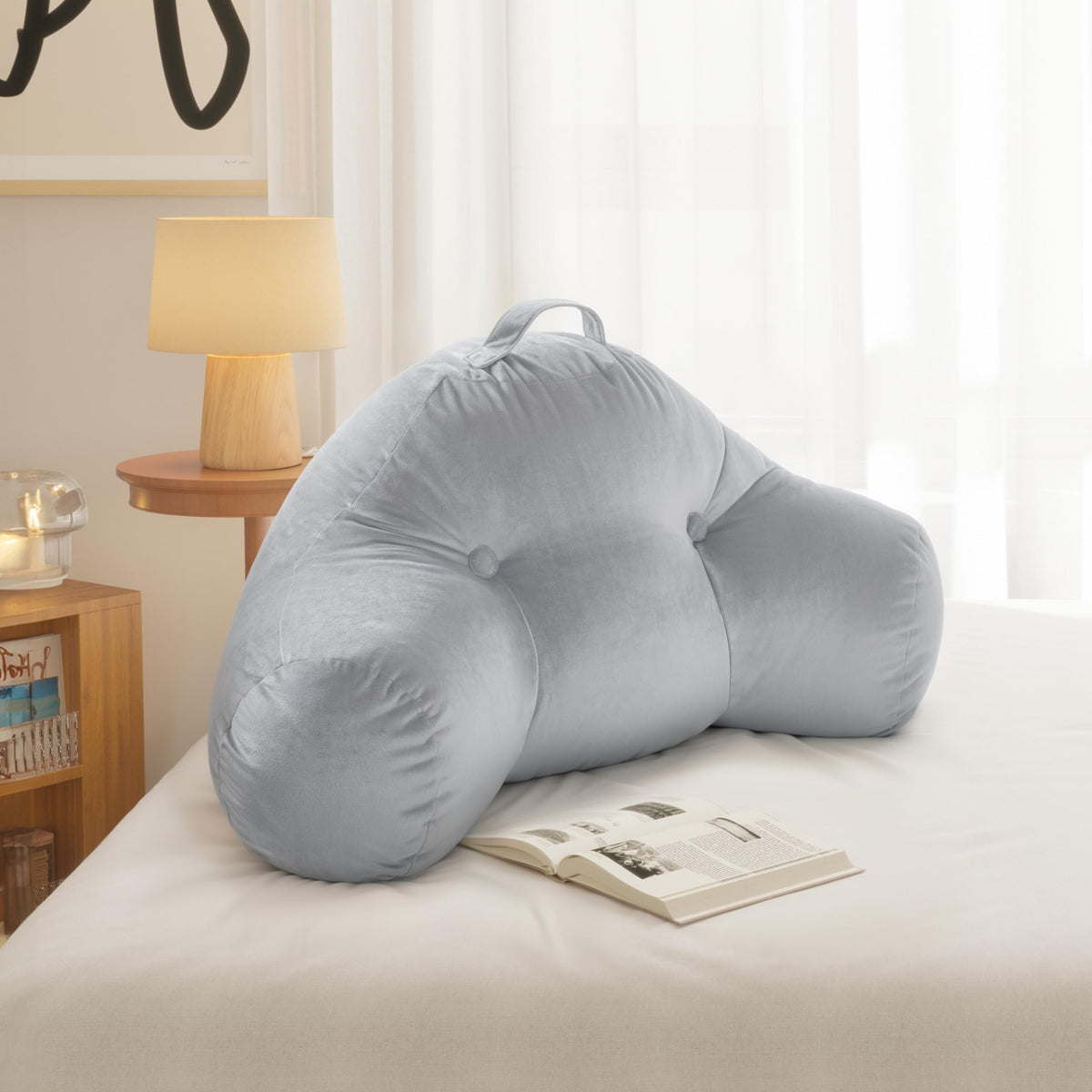 Gray Velvet Reading Pillow with Arms