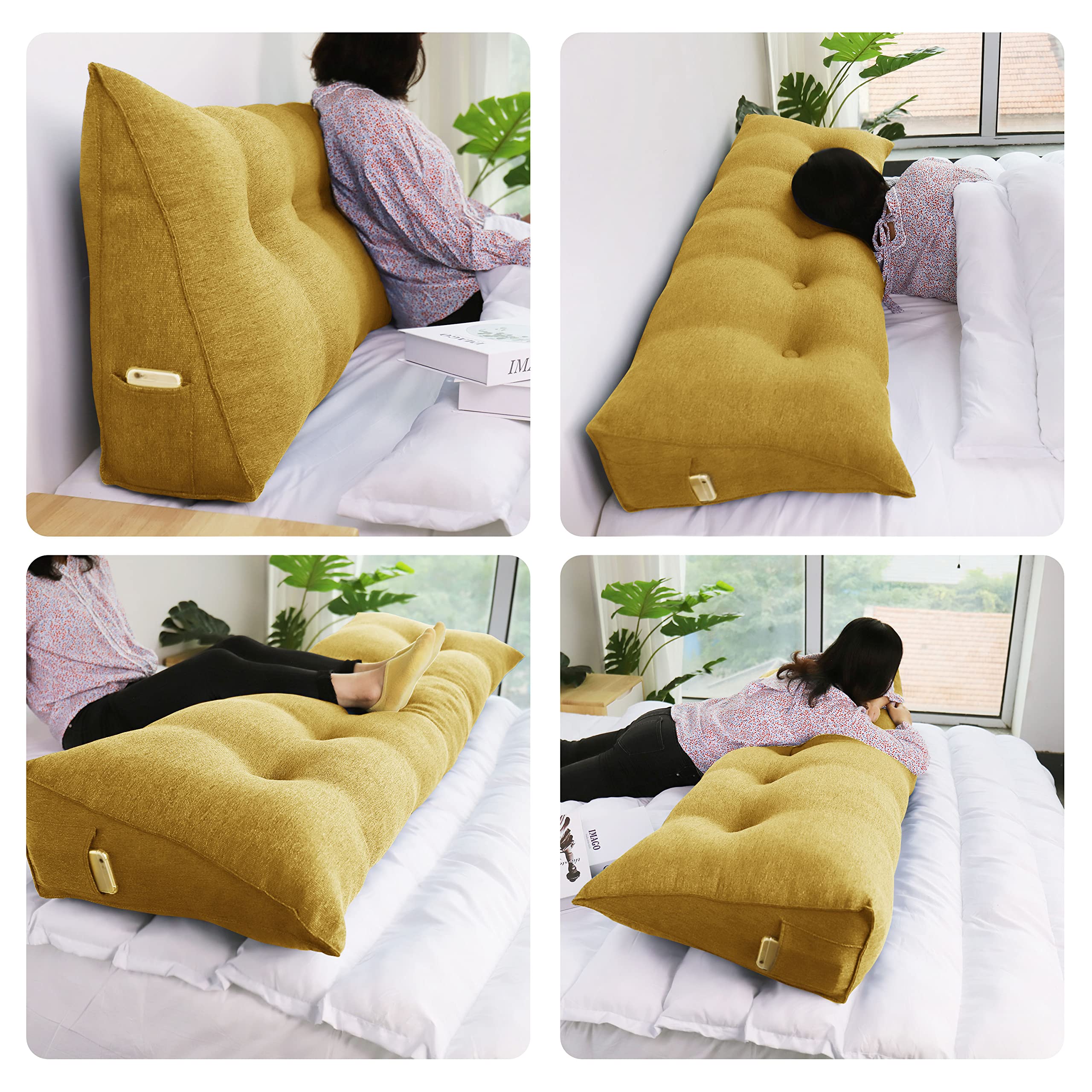 Wedge Pillow with Cylinder Neck Bolster Linen—Yellow